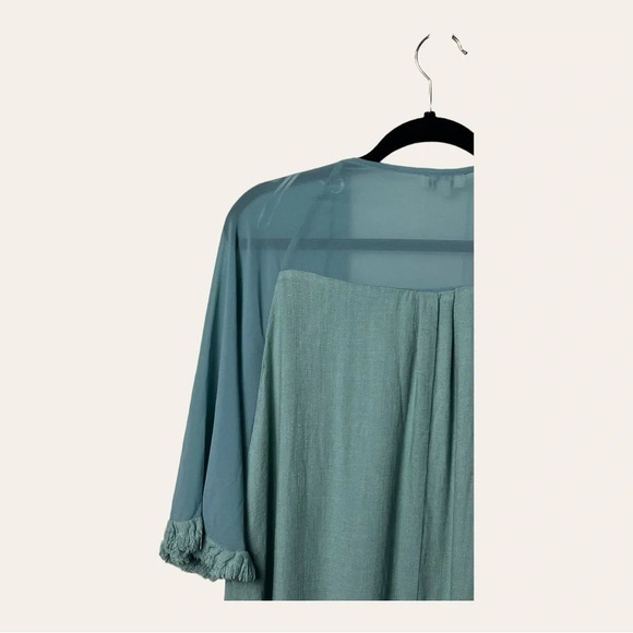 1182. Umgee LINEN BLEND KIMONO SHORT SLEEVES FRAY HEMS SIZE SMALL/MEDIUM GREEN - Picture 12 of 13